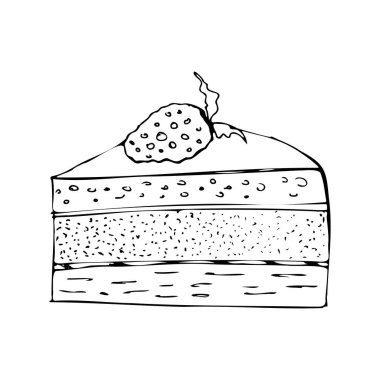 Çilekli kek dilimi. Menü ya da kahve dükkanı tasarımı için içecek tasarımı. Çizgi çalışması. Vektör illüstrasyonu