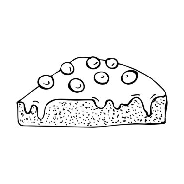 Kremalı ve kırmızı dutlu bir dilim turta. Çizgi çalışması. Menü ya da reklam için tasarım öğesi. Vektör illüstrasyonu