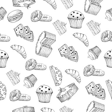 Çeşitli hamur işleriyle kusursuz desen. Çizgi çalışması. Vektör illüstrasyonu