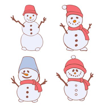 Elle çizilmiş kardan adamlar. Noel süsü. Kartlar, dekorasyon ve tasarım için. Minimalist düz illüstrasyon