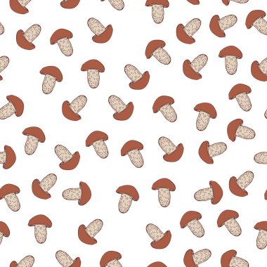 Beyaz arka planda mantar deseni var. Paketleme, ambalaj kağıdı ya da duvar kağıdı için. düz çizim elle.