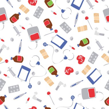 Tıbbi aletleri, objeleri ve hapları olan kusursuz bir doku. Arkaplan tasarımı, ambalaj kağıdı. Vektör illüstrasyonu