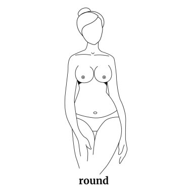 Kadın göğüs şekillerinin çeşitliliği kavramı. Yuvarlak göğüsler. Basit siyah çizgileri olan güzel bir figür. İzole vektör illüstrasyonu