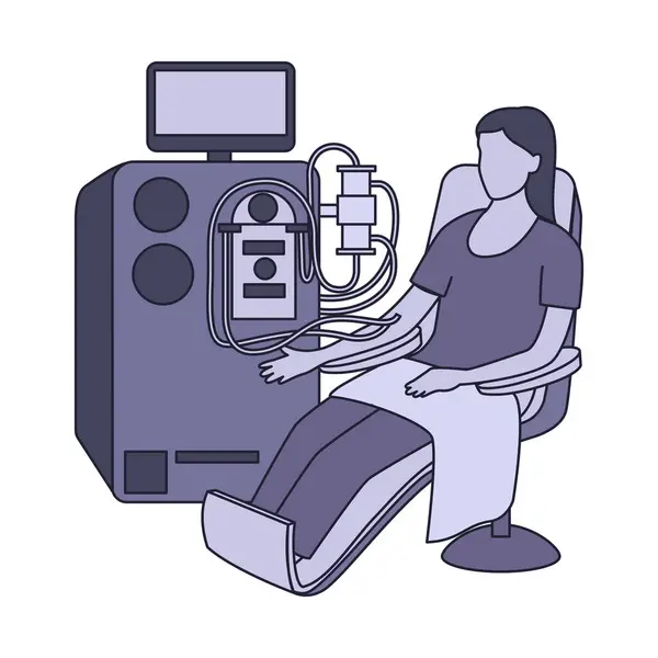 stock vector Hemodialysis procedure. A woman in a chair connected to an artificial blood purification machine. Vector, monochrome illustration. Medical poster