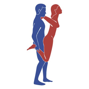 Ayaktayken seks. Bir erkek bir kadının arkasında. Kama Sutra basit siluet şeklinde poz verir. Vektör illüstrasyonu