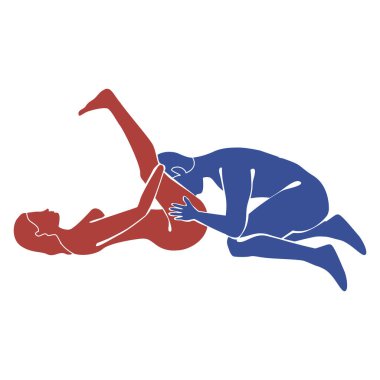 Kamasutra pose. Cunnilingus. A man pleases a woman orally. Minimalistic vector illustration