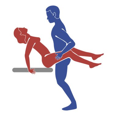 Masada seks pozisyonu. Erkek ayakta dururken kadının yüzüne bakar, kadın oturur. Asgari vektör illüstrasyonu