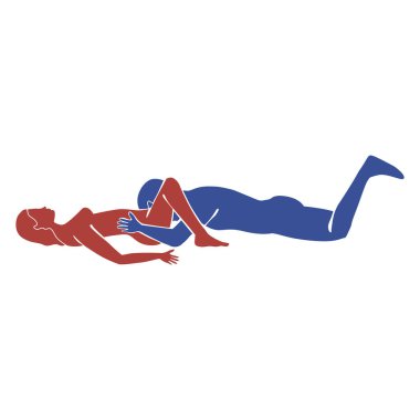 Kamasutra pose. Cunnilingus, oral sex. A man pleasures a woman with his tongue. Minimalistic vector illustration