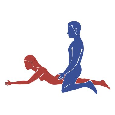 Kamasutra pozu. Kadın yüzüstü yatar. Adam yukarıdan, arkadan. Asgari vektör illüstrasyonu