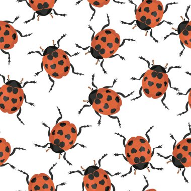 Kusursuz doku, uğur böceğiyle arka plan. Tekstil ve ambalaj kağıdı konsepti. Vektör illüstrasyonu