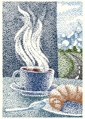 Noktalama tekniğini kullanarak resimli illüstrasyon. Masada buharlı ve kruvasanlı bir fincan kahve. Sıcak kahvaltı konsepti