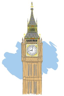 Big Ben, kartpostal ve hediyelik eşya tasarımı için resimli bir çizim. Vektör
