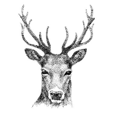 Deer head drawing with black dots. Illustration using pointillism technique. Vector clipart