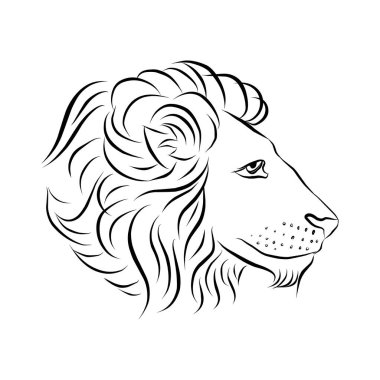 Aslan başı profilde. Siyah çizgi çizimi, logo. Vektör illüstrasyonu