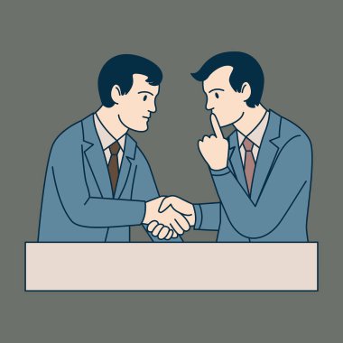 Gizli anlaşma. Takım elbiseli iki adam el sıkışıyor. İçlerinden biri parmağını dudaklarına dayıyor. Vektör illüstrasyonu