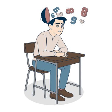 Okul masasında bir genç. Zor bir matematik sınavı için bir metafor. vektör düz illüstrasyon