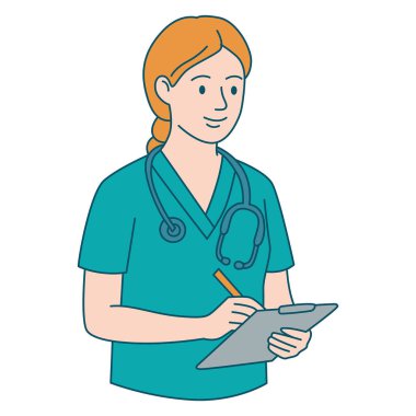 Üniformalı, tabletli bir hemşire. Tedavi için reçete ya da tavsiye mektubu yazıyorum. Ana hatlarıyla dolu bir daire. Vektör illüstrasyonu