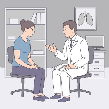 Pratisyen hekimlik. Erkek doktor kadın hastaya danışıyor. Ana hatlarıyla dolu bir daire. Tıbbi vektör illüstrasyonu