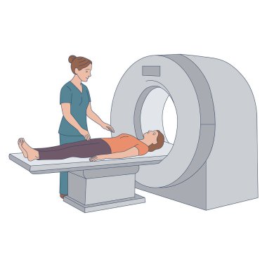 MRI makinesinin yanındaki hemşire hastayı muayene ediyor. Ana hatlarıyla dolu bir daire. Tıbbi vektör illüstrasyonu