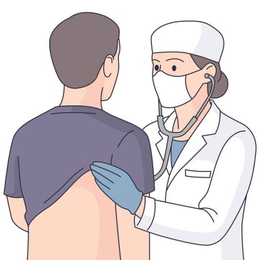 Tıbbi maskeli doktor, steteskop kullanarak hastanın akciğerlerini muayene ediyor. Arkadan bak. Sağlık, teşhis, solunum kontrolü, klinik, koronavirüs veya grip önleme için düz vektör çizimi.