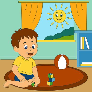 Güneşli bir odada yerde oyuncak kalıplarla oynayan mutlu küçük çocuk. Çocuklar için çizgi film tarzı vektör çizimi, oyun zamanı, erken öğrenme, anaokulu veya eğitim materyalleri