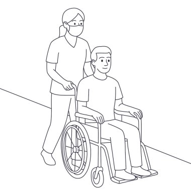 Tekerlekli sandalyedeki bir adamı iten hemşire çizgisi çizimi. Tıbbi bakım, rehabilitasyon, engelli desteği. Maske takan sağlık görevlisi. Siyah beyaz çizim.