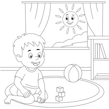 Evde oyuncaklarla oynayan mutlu çocuğun boyama sayfası. Çocuklar için eğitici basılabilir çalışma tablosu. Siyah ve beyaz çizgi sanat vektörü çizimi.