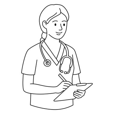 Dosyada steteskopla yazı yazan kadın hemşire. Siyah ve beyaz çizgi sanat. Tıbbi illüstrasyon, sağlık hizmetleri, profesyonel karakter.