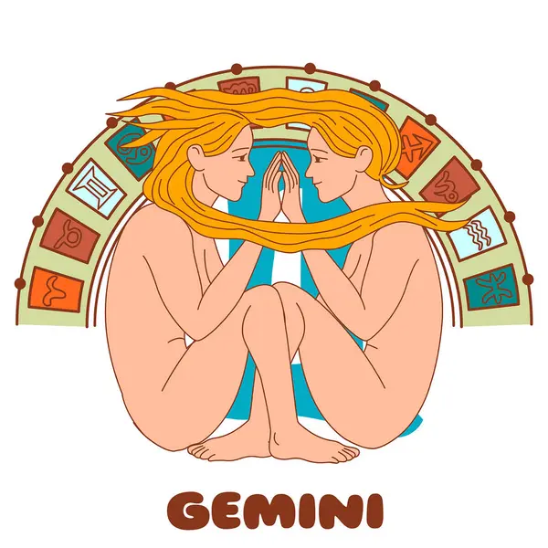 Gemini 'nin Vektör Zodiac çizimi. Aynı saçı dalgalı iki kadın burç kemerinin altında aynalı oturuyor. Düz, astroloji, yıldız falı ya da ruhani temalı tasarımlar için renkli bir tarz.
