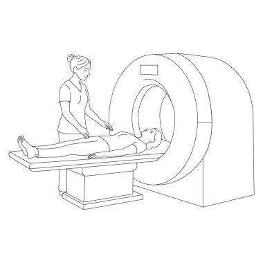 MRI taramasından geçen bir hastanın sağlık görevlisinin asistanı olduğu tıbbi bir çizimi. Hastane ortamında tanısal görüntüleme prosedürü. Çizgi sanatı