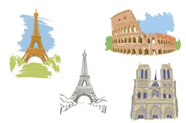 Eyfel Kulesi, Kolezyum ve Notre-Dame Katedrali de dahil olmak üzere Avrupa 'nın el yapımı simgeleri. Paris ve Roma 'dan ünlü mimari simgelerin çizim seti.