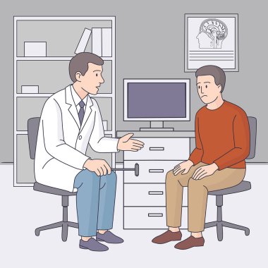 Bir nörologun, erkek bir hastaya muayenehanede danışması. Duvarda beyin diyagramı olan doktor-hasta tartışması. Profesyonel nöroloji sağlık merkezi.