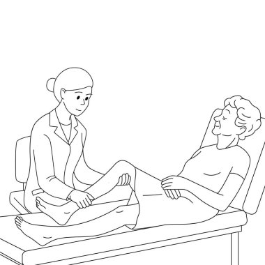 Romatolog yaşlı kadınların dizlerini inceliyor. Doktor muayenesi, eklem ağrısı kontrolü, fizyoterapi ya da artrit teşhisi gibi çizgiler..