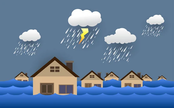 Flood Natural Disaster House Heavy Rain Storm Damage Home Clouds — Vetor de Stock