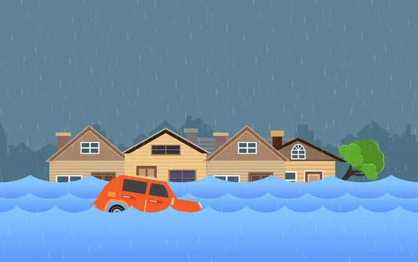 Наводнение Природной Катастрофы Домом Сильный Дождь Шторм Ущерб Домом Облака — стоковый вектор