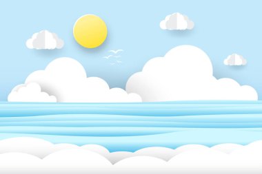 Deniz plajı, yaz güneşli bir gün, su, kum ve bulutlar, vektör illüstrasyonu 