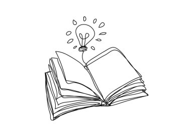 Ampuller ve kitap, fikirlerin ilham kaynağı, açık kitap tasarımı, aralıksız çizgi sanatı, vektör illüstrasyonu