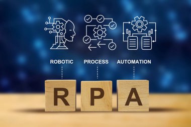 RPA, Robotik işlem otomasyonu, konsept bilgisayarı, robotik işlem otomatik hale getirme, illüstrasyon