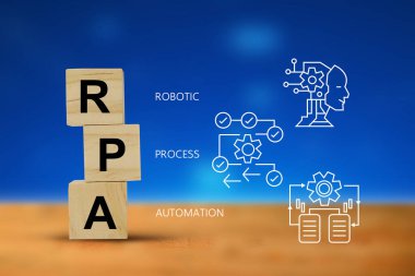 RPA, Robotik işlem otomasyonu, konsept bilgisayarı, robotik işlem otomatik hale getirme, illüstrasyon.
