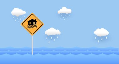 Sel bölgesi tabelası, evdeki doğal afet, sağanak yağmur, evdeki hasar, bulutlar ve yağmur, şehirdeki su baskını, sel baskınları....