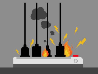 Elektrik prizi dolu, kısa devre, ev yangını, önce güvenlik, vektör tasarımı