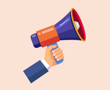 El ele tutuşan megafon, pazarlama konsepti, tanıtım reklamları, vektör illüstrasyonu.