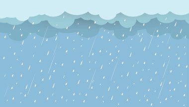 Karanlık gökyüzünde sağanak yağış, yağmur mevsimi, bulutlar ve fırtına, hava durumu, doğal afet seli, vektör illüstrasyonu.