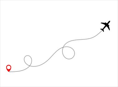 Uçan Uçak Silueti, uçak noktalı bir rota boyunca uçuyor, vektör çizimi.