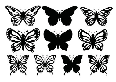 Kelebek siluetleri, siyah kelebek koleksiyonu, vektör illüstrasyonu.