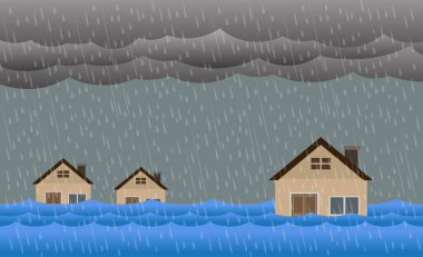 Şehir seli, yağmur ve fırtına, vektör tasarımı