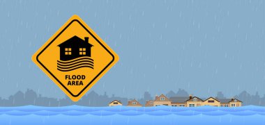 Sel bölgesi tabelası, evdeki doğal afet, sağanak yağmur ve fırtına.