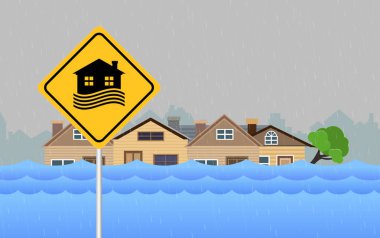 Sel alanı işareti, doğal afeti evle sel, sağanak yağış ve fırtına, evle hasar, bulutlar ve yağmur