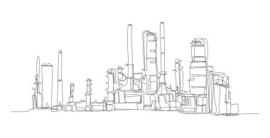 Rafineride büyük sanayi petrol tankları, sanayi tesisleri, çizgi çizimi, vektör illüstrasyonu