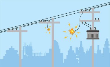 Hasarlı Kamu Hizmeti Kutbu Tehlikeli Kısa Devre, Elektrik Hatlarında Elektrik Kıvılcımları, Vektör Resimleri